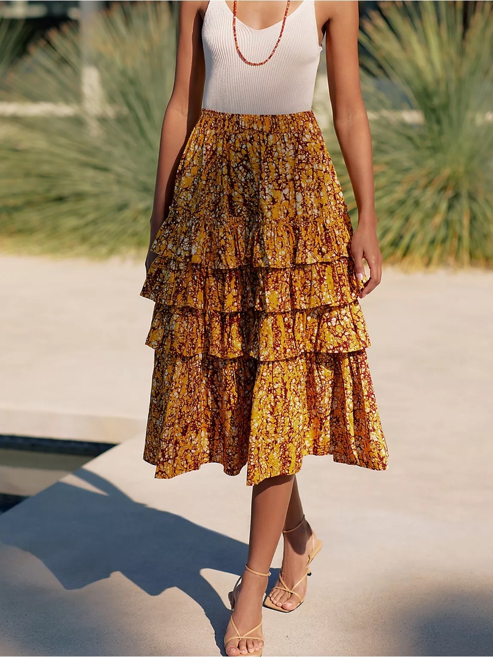 Tiered Floral Midi Skirt in Mustard Yellow